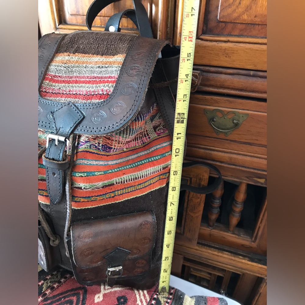 Vintage Dark Brown Tooled Leather and Woven Fabric Backpack - Picture 8 of 12